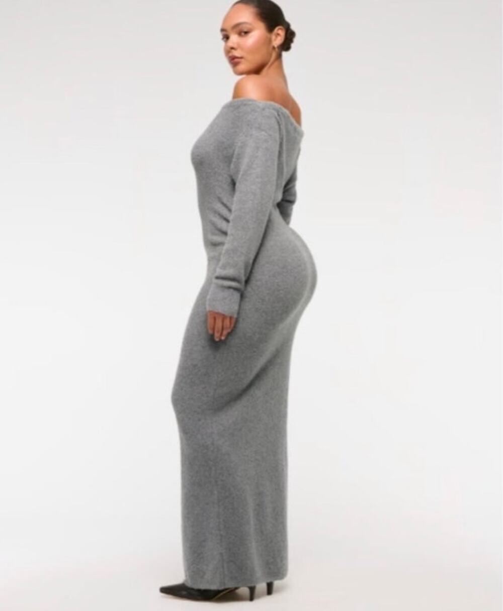 NWT Abercrombie & Fitch Boucle Off Shoulder Gray Maxi Sweater Dress Long Sleeve